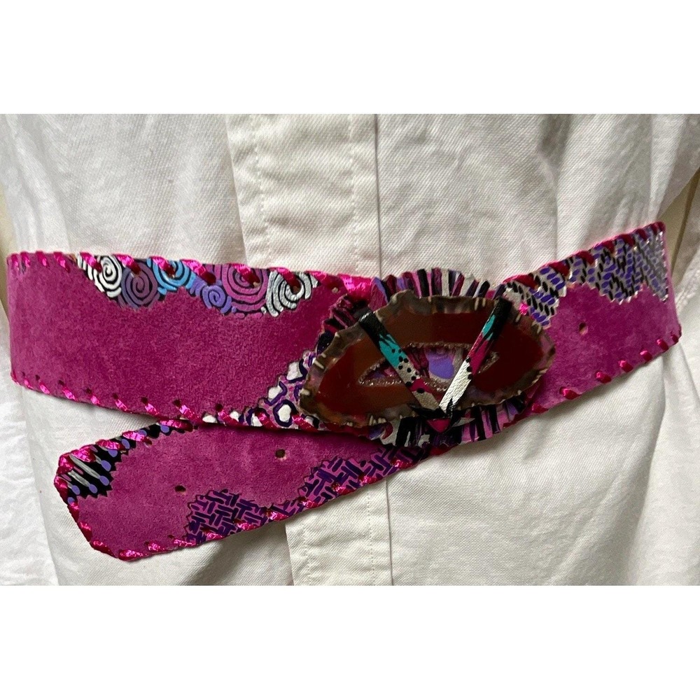 Vtg Karinne Pink Suede Belt Statement Agate Stone Buckle Art to Wear 80s